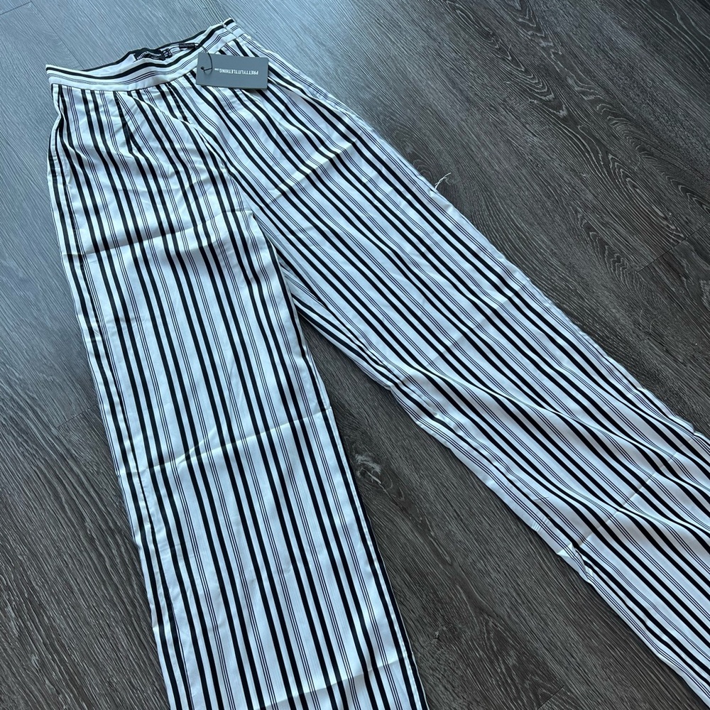 navy blue & white striped wide leg work trousers